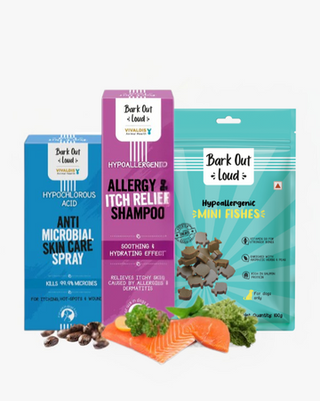 Hypoallergenic Combo - Anti-Microbial Spray, Anti Allergy and Itch Relief Shampoo, Mini Fishes Treat